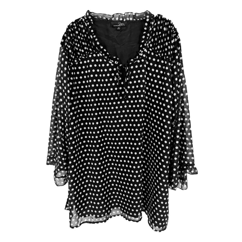 Suzanne Betro 4X BLACK White Polka Dot Ruffle Neck 3/4 Sleeve Top Tunic Blouse